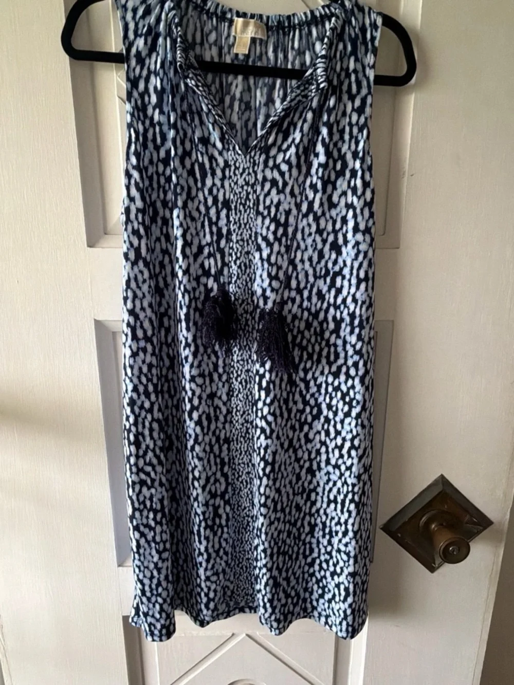 Michael Kors Navy and White Printed Midi Dress with Tassels